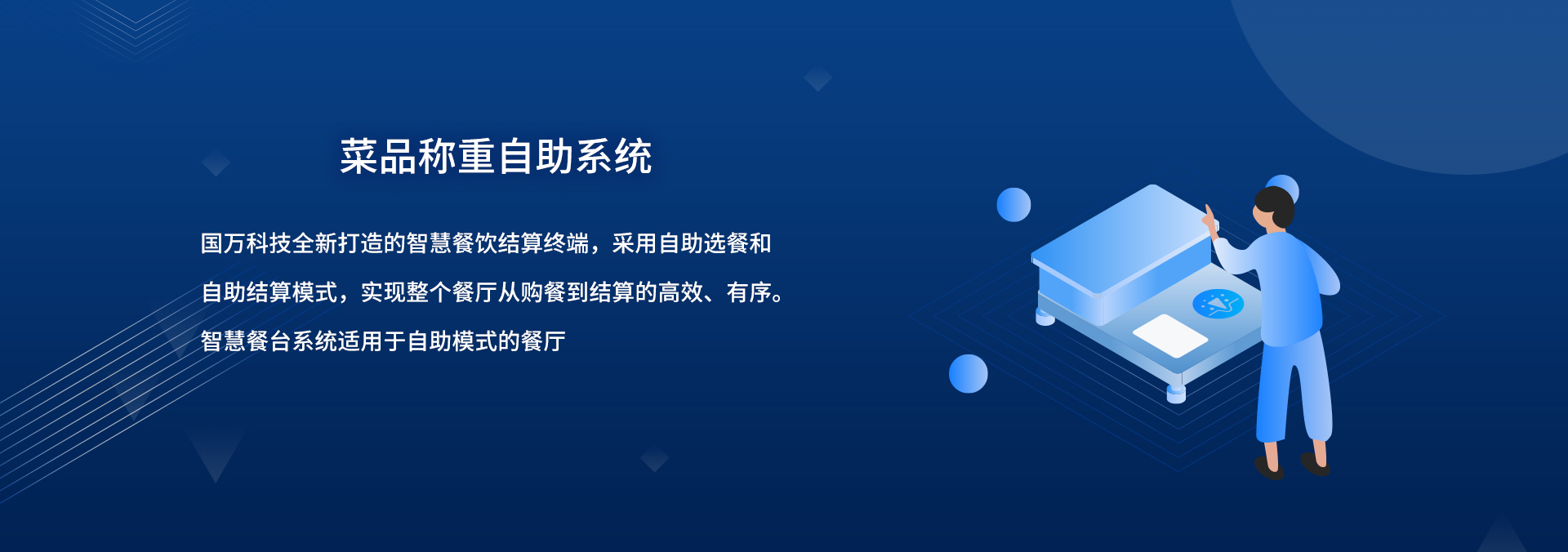 國(guó)萬(wàn)智慧食堂自助餐智能菜品稱(chēng)重系統(tǒng)來(lái)襲啦，就餐人員關(guān)注公眾號(hào)后進(jìn)行自助充值，取餐盤(pán)進(jìn)行信息綁定；取餐時(shí)自行夾菜，菜品稱(chēng)重機(jī)無(wú)感自動(dòng)稱(chēng)重，系統(tǒng)自動(dòng)結(jié)算。