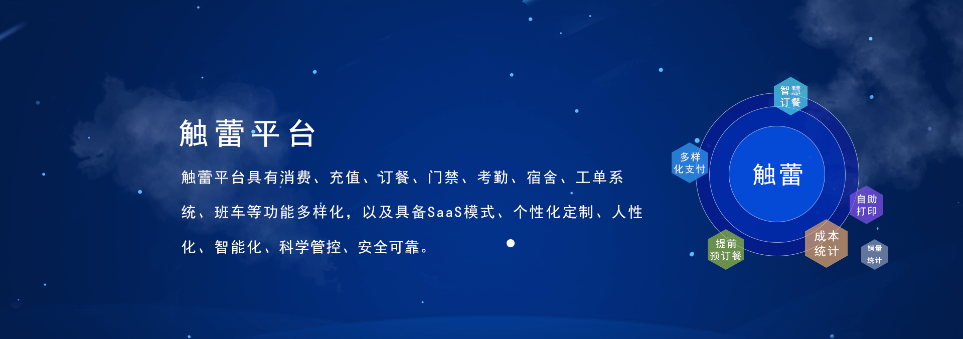 觸蕾(chulei)平臺(tái)具有消費(fèi)系統(tǒng)、充值系統(tǒng)、訂餐系統(tǒng)、門(mén)禁系統(tǒng)、考勤系統(tǒng)、進(jìn)銷(xiāo)存系統(tǒng)，宿舍系統(tǒng)、工單系統(tǒng)、班車(chē)、智慧食堂等功能的智慧企業(yè)管理系統(tǒng)，具備SaaS部署模式、個(gè)性化定制、人性化、智能化、科學(xué)管控、安全可靠.